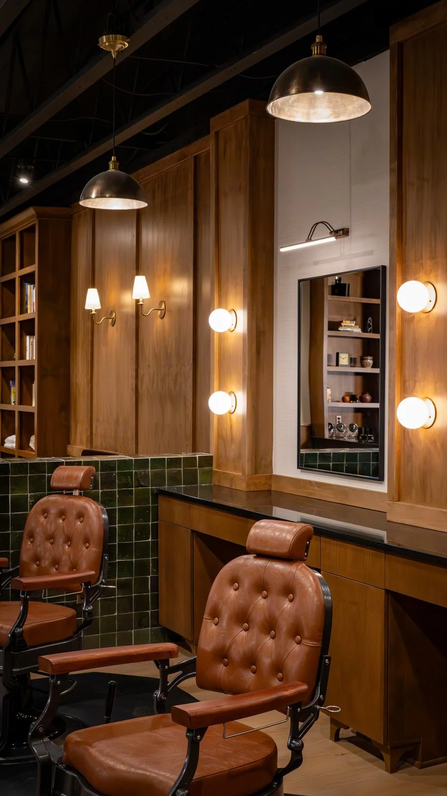 Leather barber chairs against wood paneling and green tile