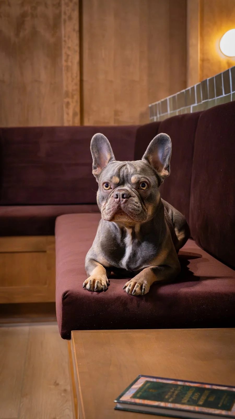 Shop dog relaxing on the burgundy lounge couch